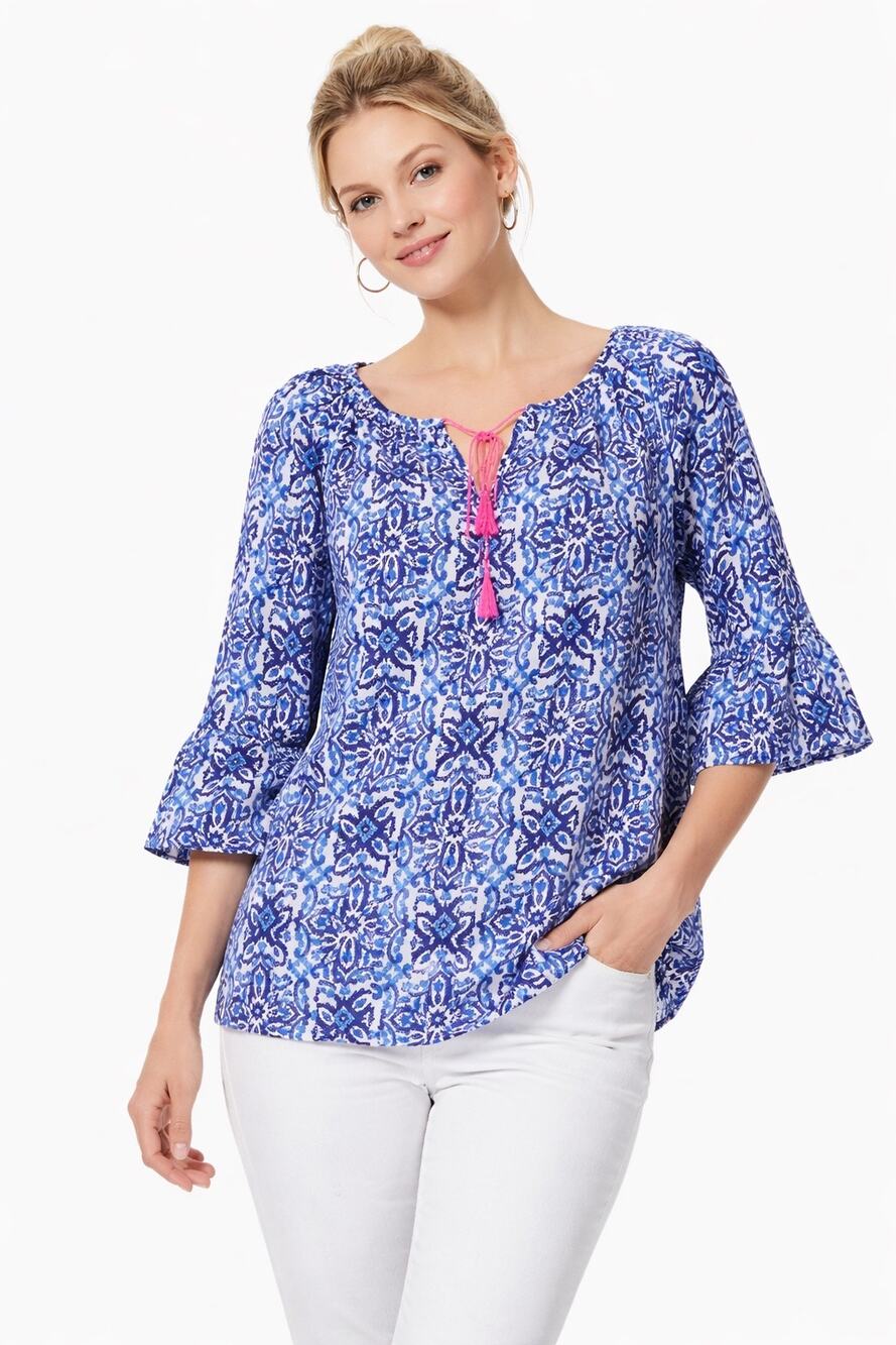 Milly for Design Nation Peasant Blouse XL Blue White Print Boho Tassel Tie Top